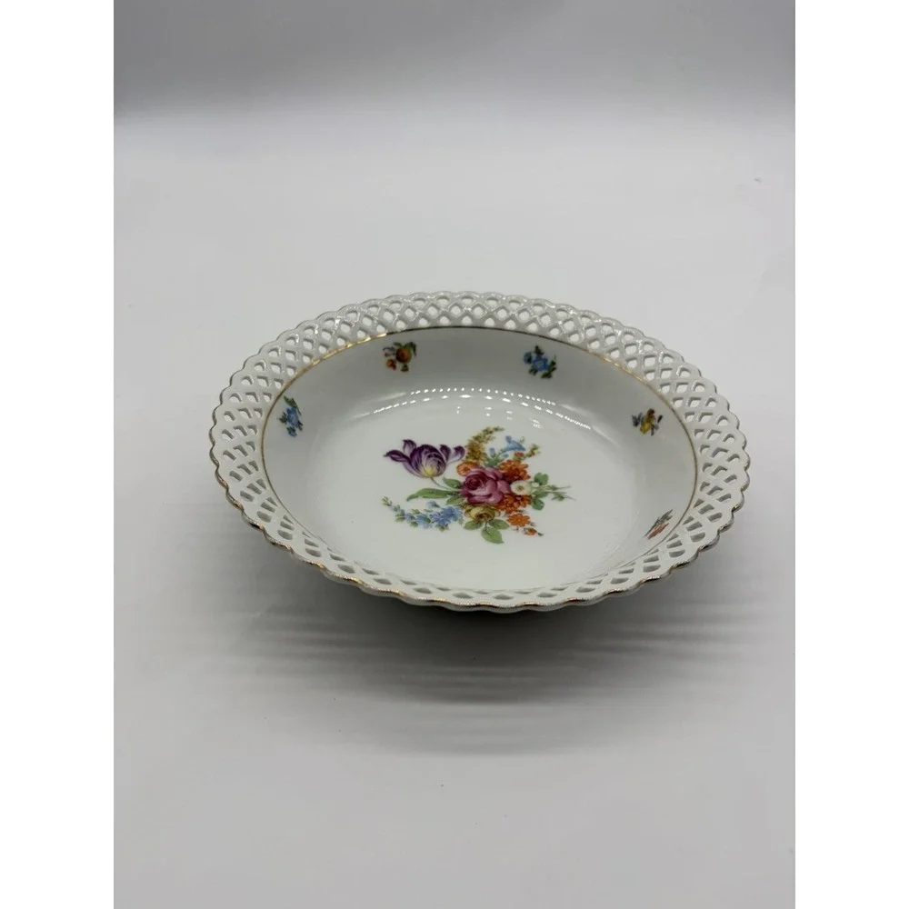 Vtg Schumann Reticulated Dresden Flowers Porcelain Bowl 9